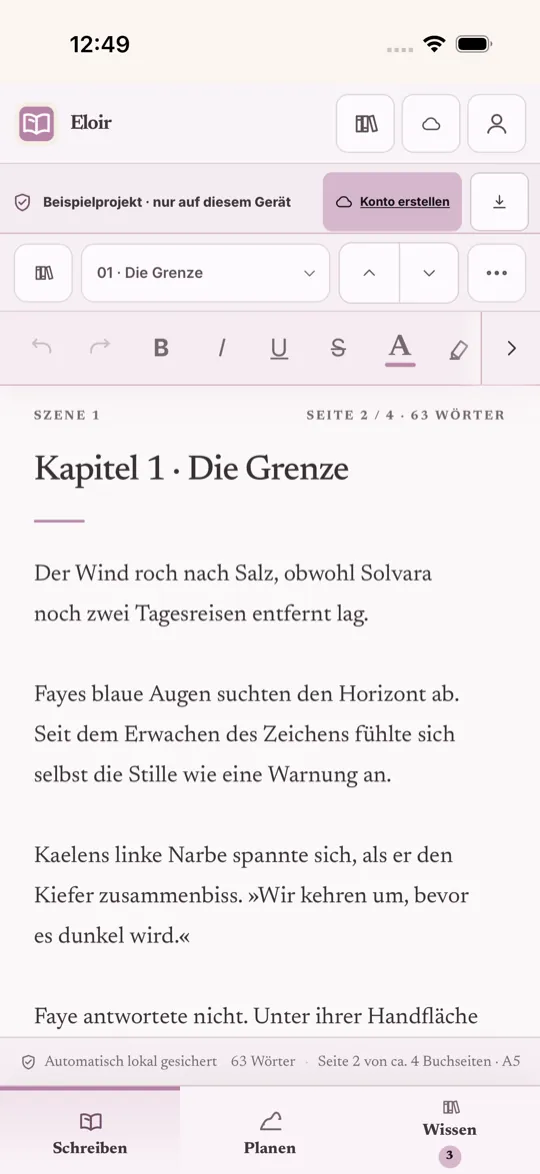 Eloir auf dem iPhone: Manuskriptansicht „Kapitel 1 · Die Grenze“ mit Formatierungsleiste und Wortzähler