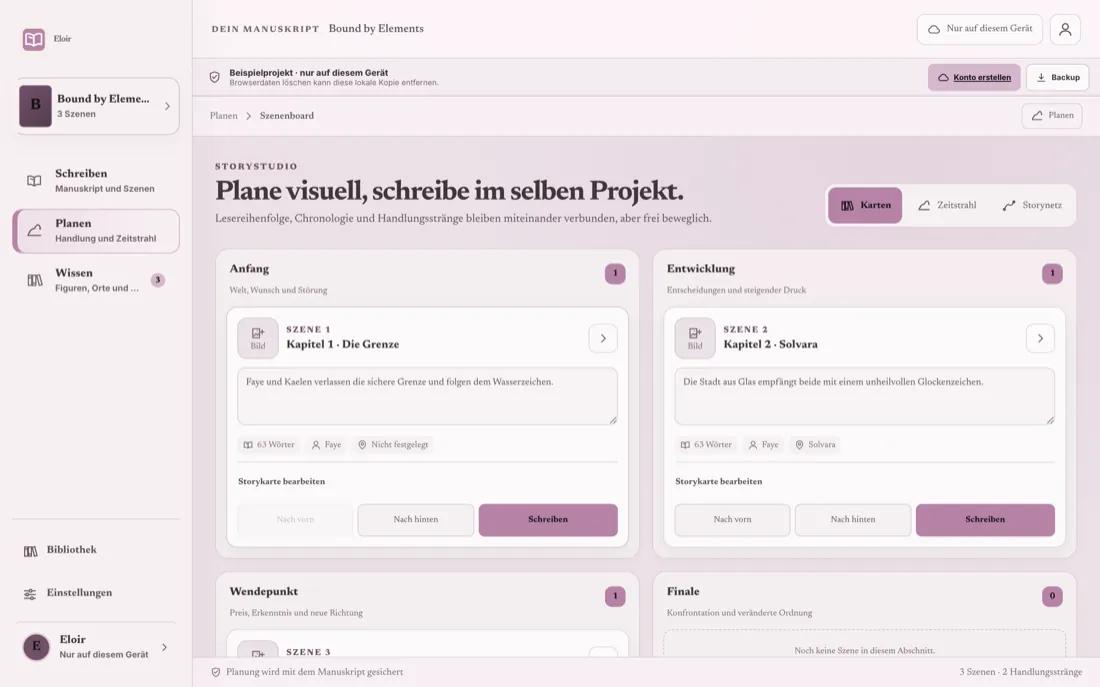 Eloir für Mac: Szenenboard „Plane visuell, schreibe im selben Projekt“ mit Szenen in Spalten für Anfang und Entwicklung