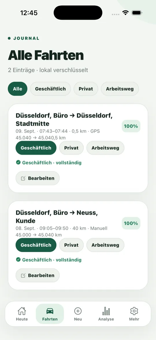 Fahrtenklar: Liste „Alle Fahrten“ mit Filtern für geschäftlich, privat und Arbeitsweg und zwei erfassten Fahrten