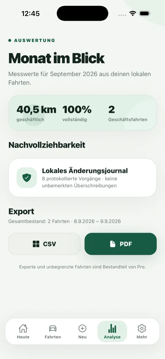Fahrtenklar: „Monat im Blick“ mit gefahrenen Kilometern, Vollständigkeit, Änderungsjournal und Export als CSV oder PDF
